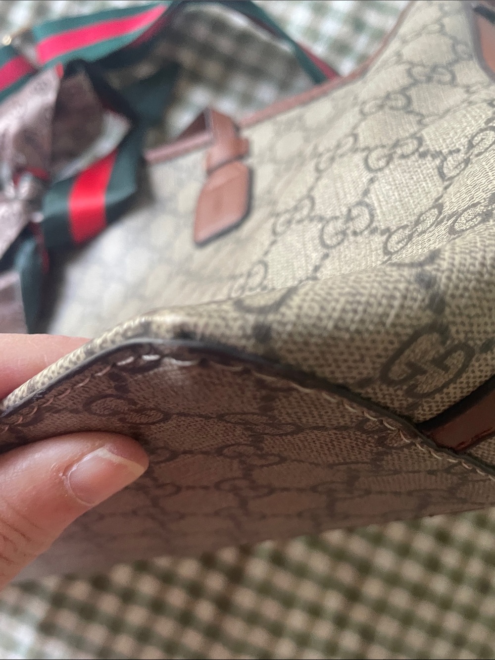 Source Unknown Brown Monogram Tote with Green and Red Strap - Picture 8 of 9